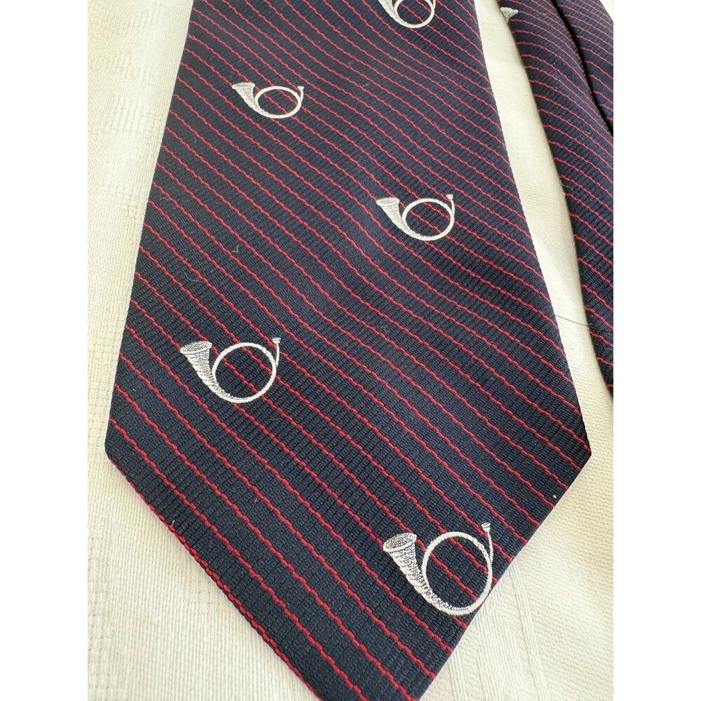 Vintage Pride of England Tie French Horn Navy Red Stripe Necktie 56x3.5
